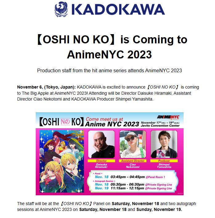 OSHI NO KO Production Staff to Attend Anime NYC 2023