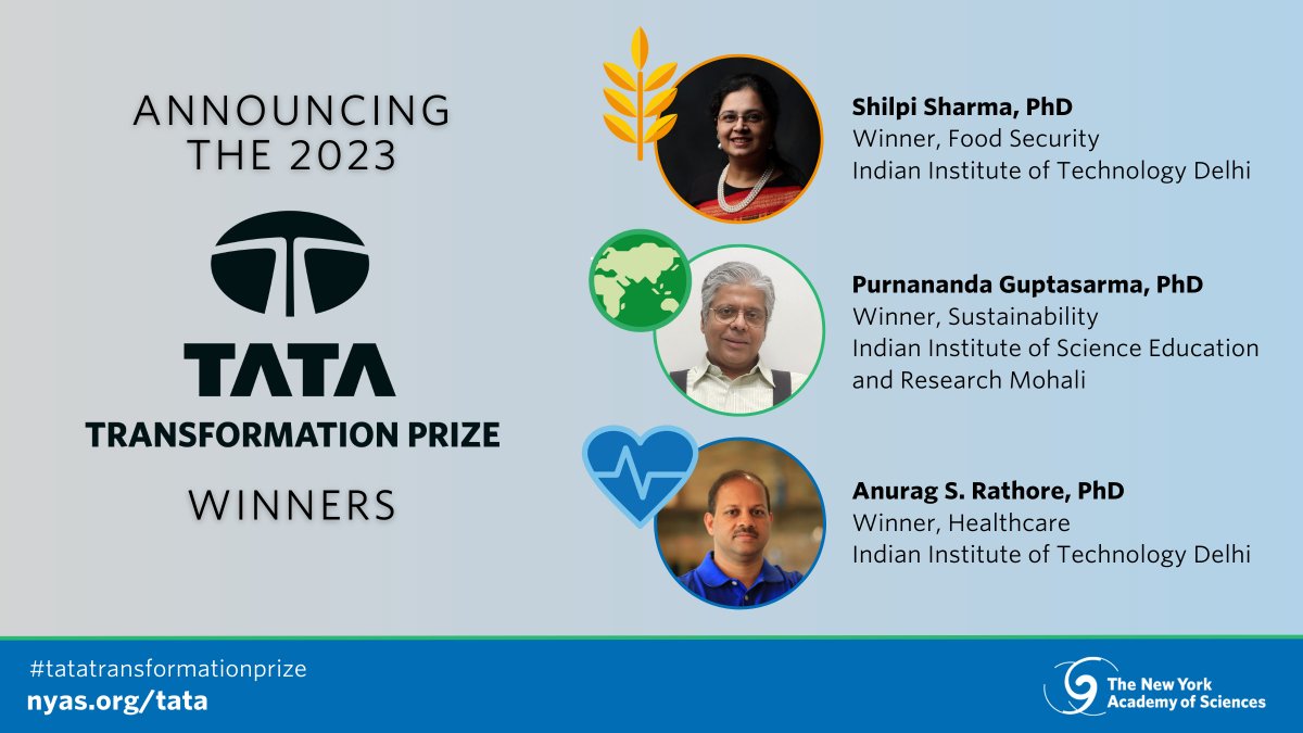 🥁 Announcing the 2023 Tata Transformation Prize winners! Powered by <a href="/NYASciences/">NYAS</a> &amp; <a href="/TataCompanies/">Tata Group</a>, the #tataprize is a new opportunity for scientists in India. Congrats Shilpi Sharma, <a href="/guptasarma_p/">Purnananda Guptasarma</a>, &amp; Anurag S. Rathore. <a href="/iitdelhi/">IIT Delhi</a> <a href="/IiserMohali/">IISER Mohali</a> Read more: bit.nyas.org/3skUQ8Z