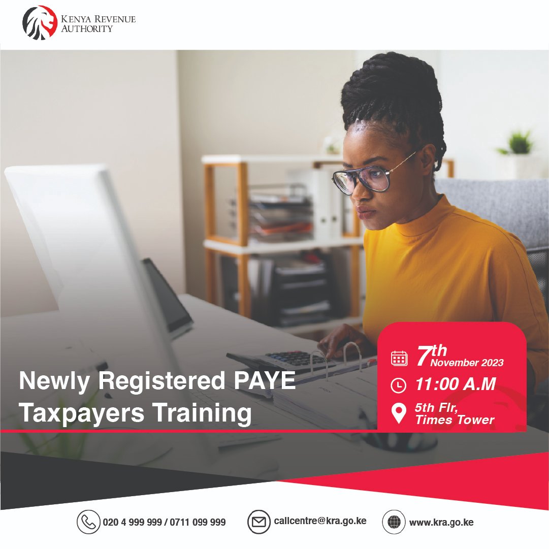 KRACare's tweet photo. Are you a newly registered PAYE taxpayer?
Join us today at 11am on 📍5th Floor Convention Centre, Times Tower for an informative tax training session.
Join us and learn how to file accurately and efficiently. 🎯
#PAYE #KRATraining https://t.co/Iqo9XbubDN
