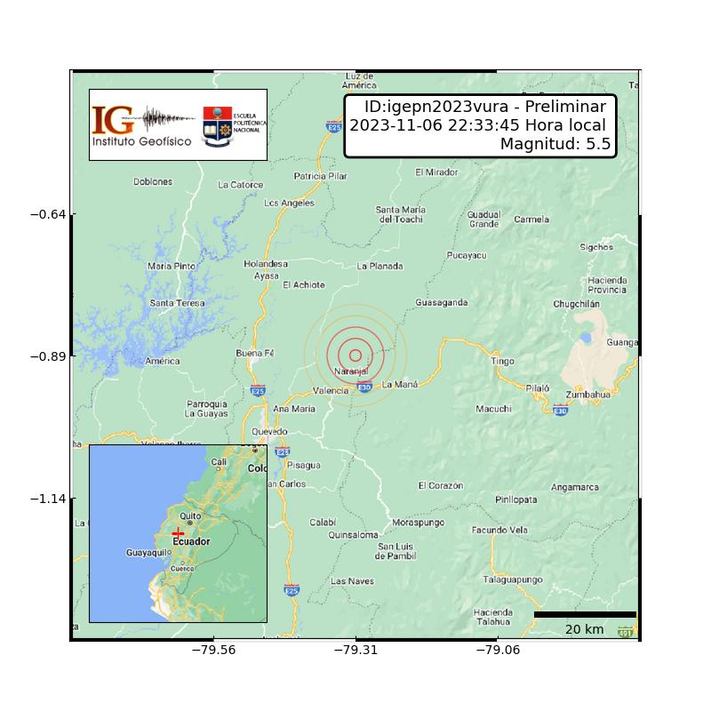 #SISMO ID:igepn2023vura Preliminar 2023-11-06 22:33:45 TL Magnitud: 5.5 Profundidad: 5 km, a 8.87 km de Valencia, Los Rios, Latitud: -0.89 Longitud:-79.31 Ecuador. Sintió este sismo? Repórtelo en bit.ly/3SvdVjr