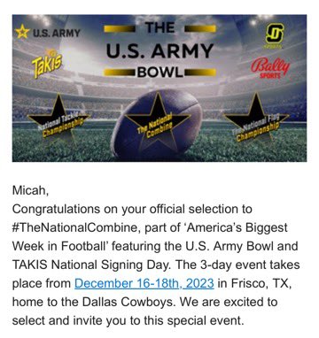 Truly thankful and honored to be selected to showcase my talents at the @ArmyBowlCombine. Thank you so very much @coachjoe33 & Coach Greg Cooper for your invite! @CAPCOSports @ArmyBowlCombine @USArmyBowl @SDSports @RecruitGeorgia @PrepRedzoneGA @PrepSav @EddieWillingha2