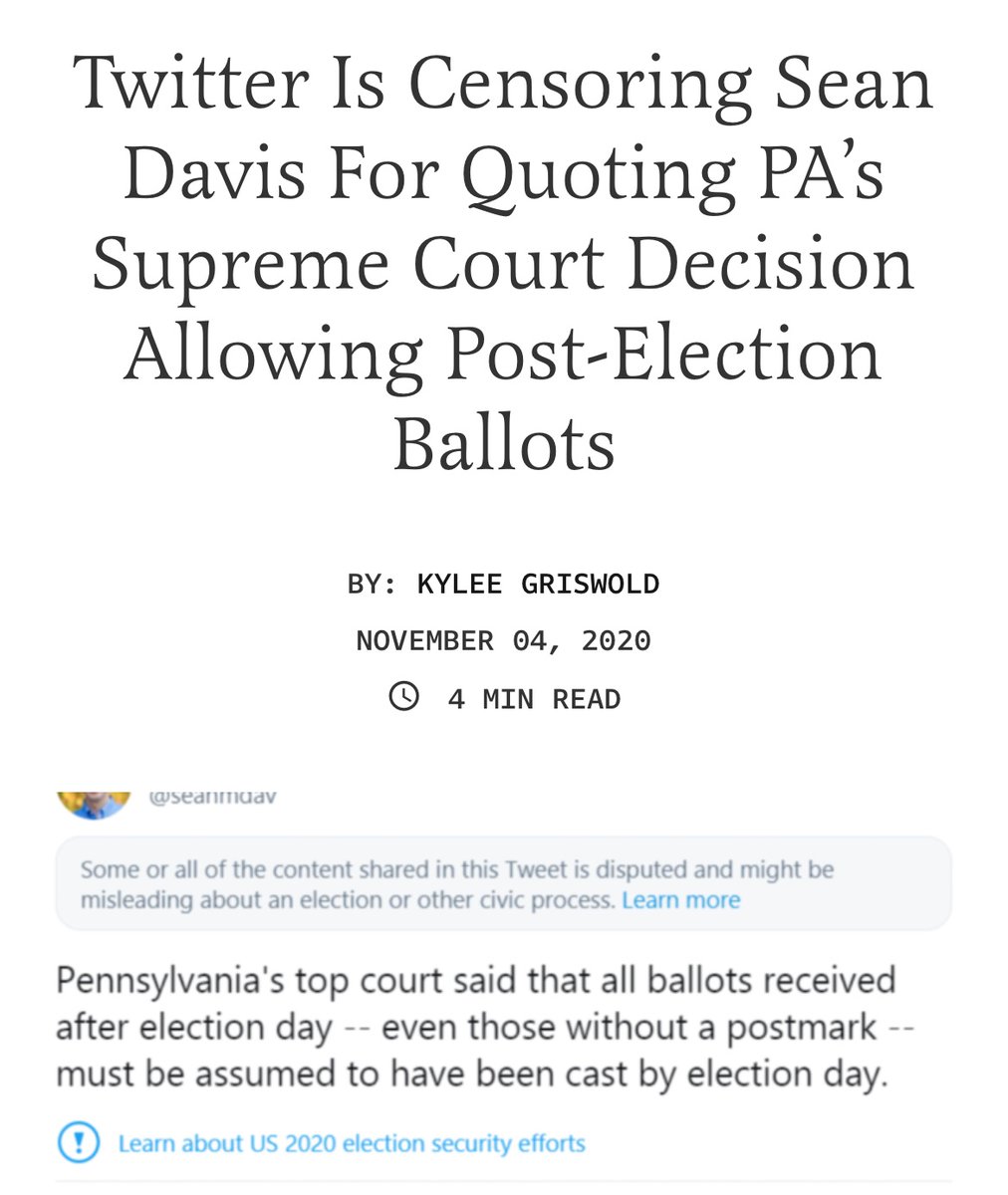 seanmdav's tweet photo. According to a new investigative report by @JudiciaryGOP, we know for a fact that DHS/CISA and its censorship regime, in concert with corrupt third-parties and Big Tech apparatchiks conspired to target and censor me specifically.

Just days before the 2020 election, I reported on a Pennsylvania Supreme Court decision that allowed late ballots without a postmark to be counted as valid ballots. I took a screenshot of the opinion, quoted it, and provided a link to the court decision. Twitter censored my post at the time and falsely claimed I was “misleading about an election or civic event.”

We noticed it when it happened and called it out immediately. Now we know why it happened: DHS/CISA specifically targeted me, complained that the reach of my tweet was “viral” and “growing exponentially” and then demanded that it be censored by Twitter. You read that correctly: our own government had a temper tantrum that my indisputably accurate tweet was gaining traction and calling into question the integrity of the officials who defied state law and allowed late, un-postmarked ballots to be counted. Our own government demanded that Twitter violate 1st Amendment right to speak and to report the news, and they demanded that Twitter violate your right to consume news in the middle of an election.

We know when they targeted me, why they targeted me, and we even know the name of the third-party researcher they used as a censorship middleman to launder government censorship. 

They lied about my tweet, they lied about the facts, and they shredded the Constitution. The damage done by these illegal censorship activities is incalculable. To me, to my publication @FDRLST, to all of our readers and followers, and to our country writ large. 

This is how a republic ends: not with a bang, but with illegal simp censorship. https://t.co/ktlqeOFMw3
