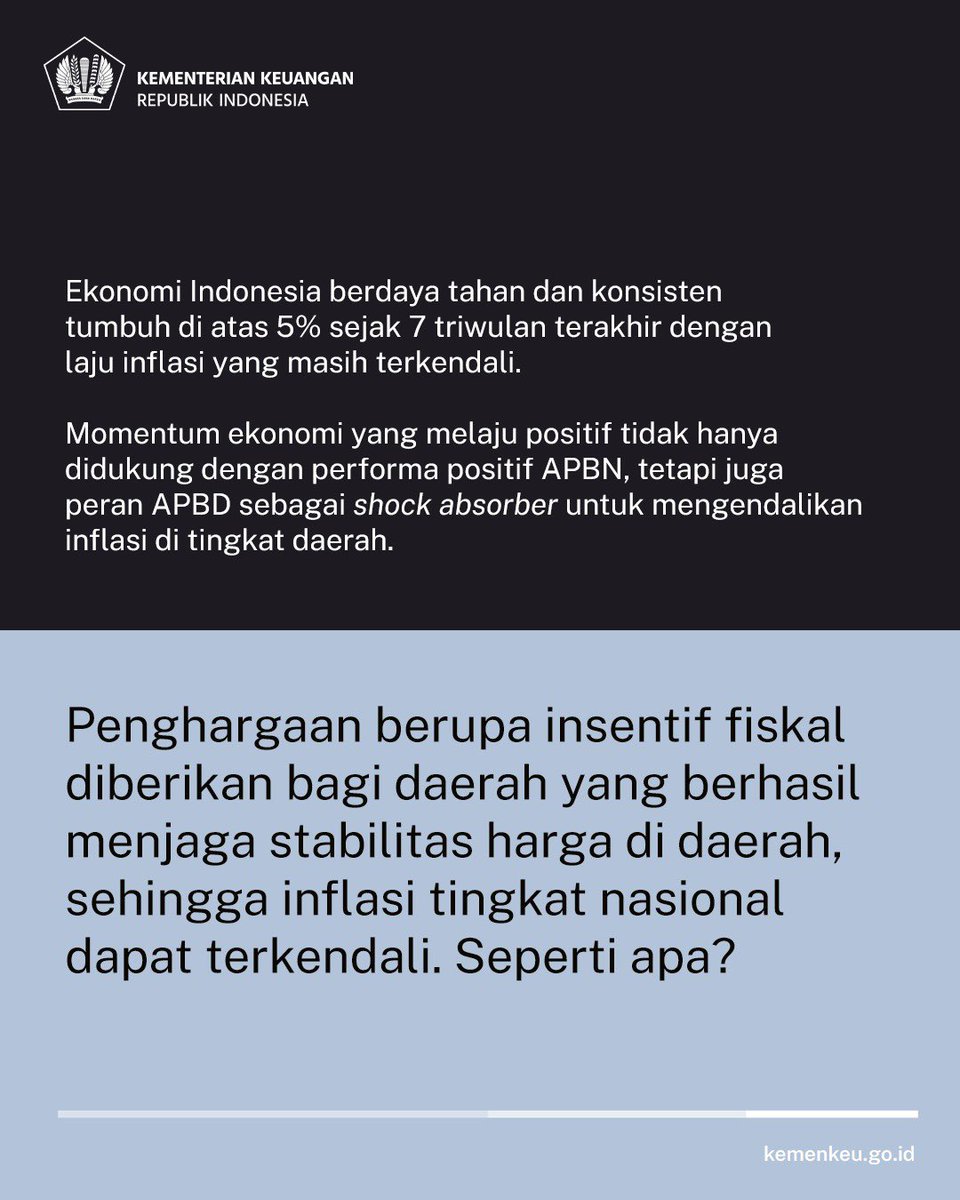 KemenkeuRI's tweet photo. Ekonomi Indonesia tumbuh positif  dan laju inflasi aman terkendali. 💪

Sebagai apresiasi, diberikan insentif fiskal untuk kinerja daerah, termasuk yang berhasil menjaga stabilitas harga di daerahnya.

Seperti apa? https://t.co/8JQ6DhdjEl