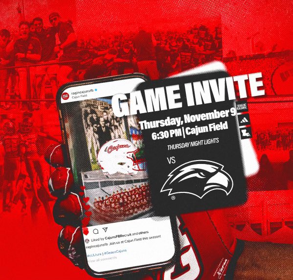 i will be <a href="/RaginCajunsFB/">Louisiana Ragin’ Cajuns® Football</a> this Thursday against <a href="/SouthernMissFB/">Southern Miss Football</a>