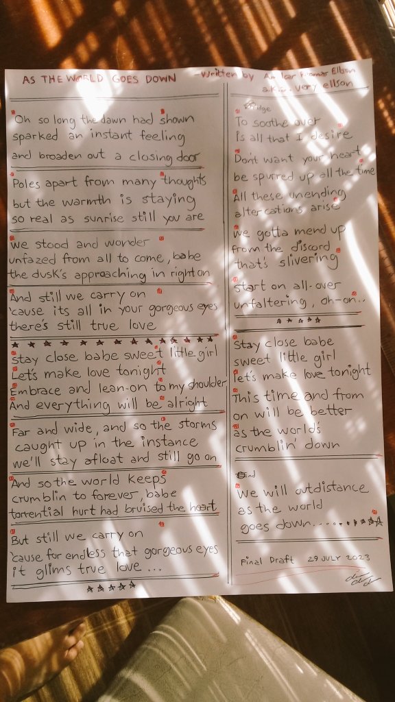 EllsonVery's tweet image. The final Lyrics Draft of my first song As The World Goes Down. Video on youtube