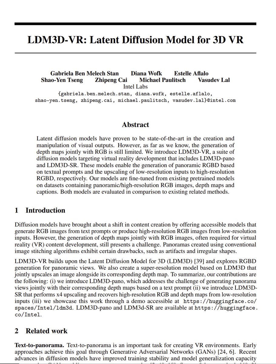 LDM3D-VR: Latent Diffusion Model for 3D VR abs: arxiv.org/abs/2311.03226 This paper from Intel Labs introduces a suite of diffusion models for VR development, include a panoramic generation model finetuned from Stable Diffusion v1.5 and a super-resolution model finetuned from