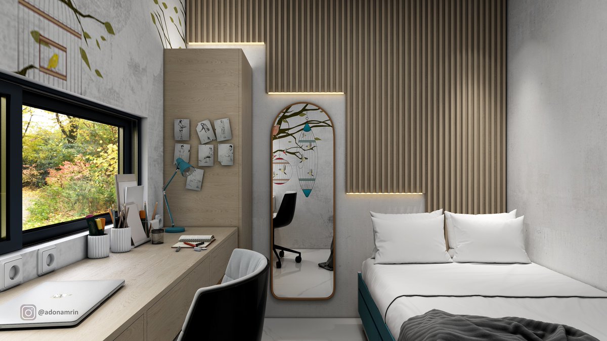 ADONAMRIN's tweet photo. When you have to study until midnight and suddenly a face appears in the window. 
#interiordesign #interiordecor #3drender #homedesign  #bedroom https://t.co/1prB1DdRZI