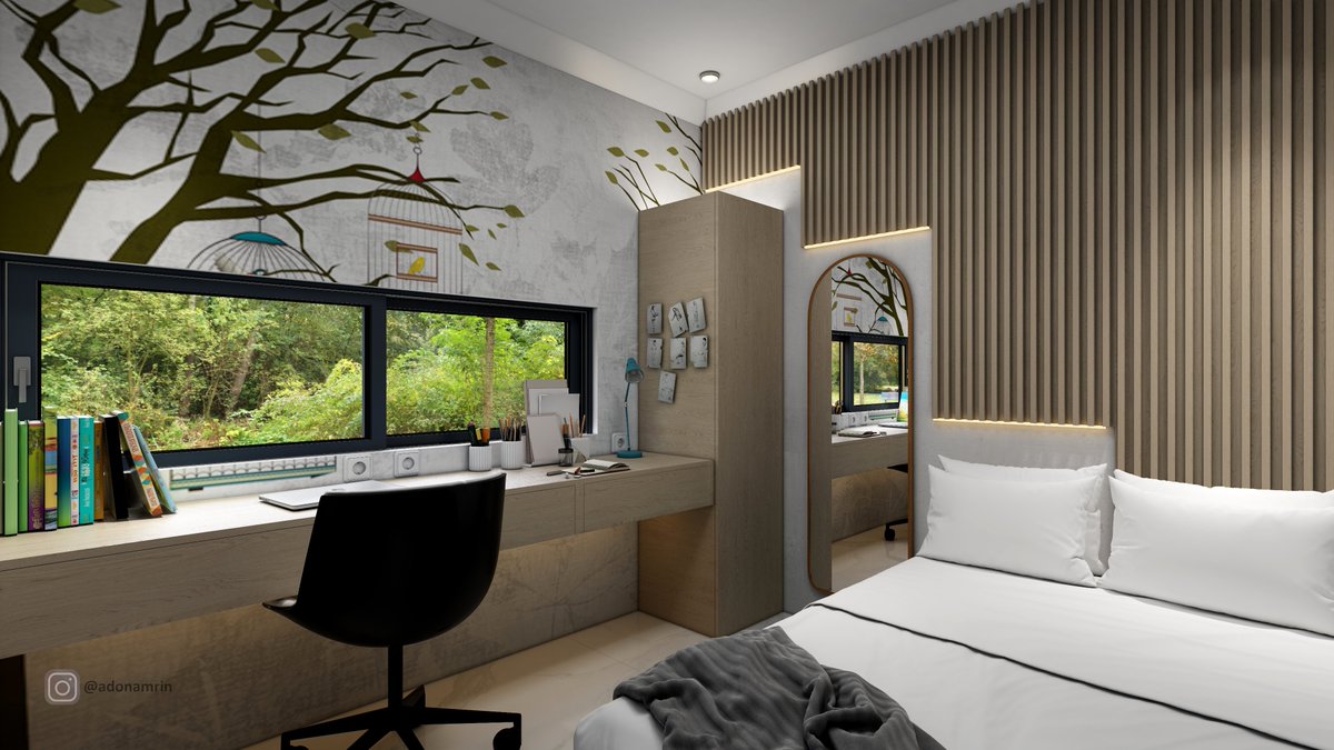 ADONAMRIN's tweet photo. When you have to study until midnight and suddenly a face appears in the window. 
#interiordesign #interiordecor #3drender #homedesign  #bedroom https://t.co/1prB1DdRZI