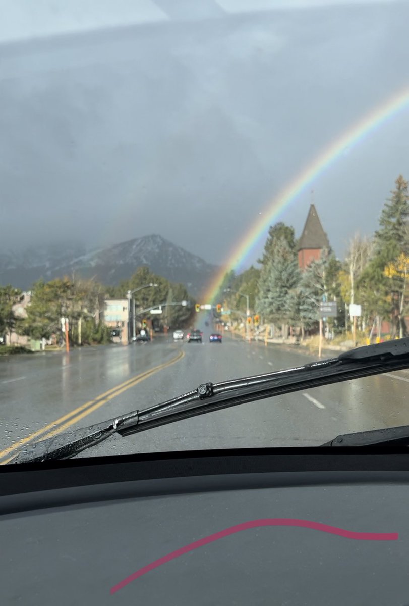 This was the scene after dropping of my daughter at school this morning. Gotta follow the rainbow back home. Lincoln Mountain received a dusting last night. <a href="/MammothMountain/">MammothMountain</a> <a href="/visitmammoth/">Mammoth Lakes Tourism, California</a>