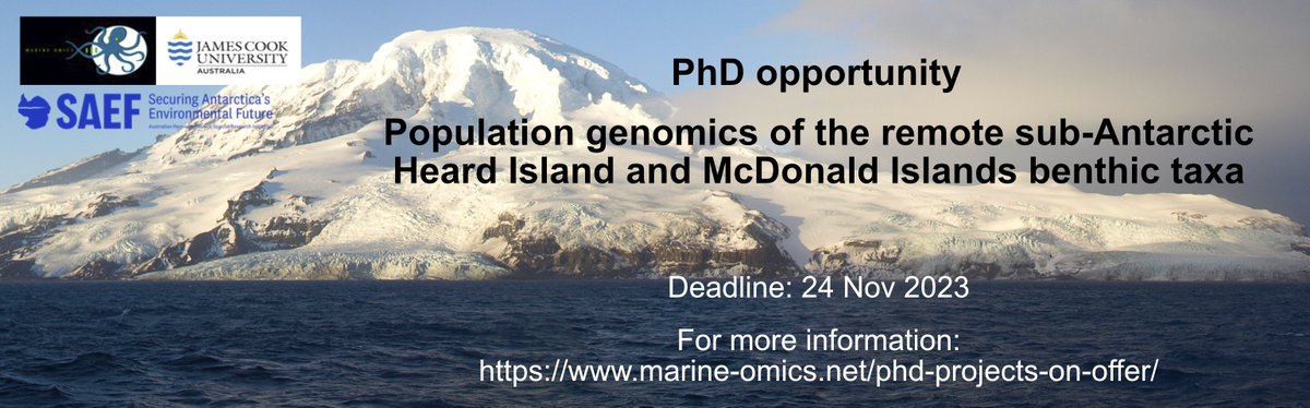 Exciting #PhD opportunity available on population genomics of sub-Antarctic Heard Island and McDonald Islands benthic taxa with @JanStrugnell @NeridaWilson and me! Please share widely! Deadline 24 Nov 23 For more info: marine-omics.net/phd-projects-o… @saef_arc @jcu @MarineOmics