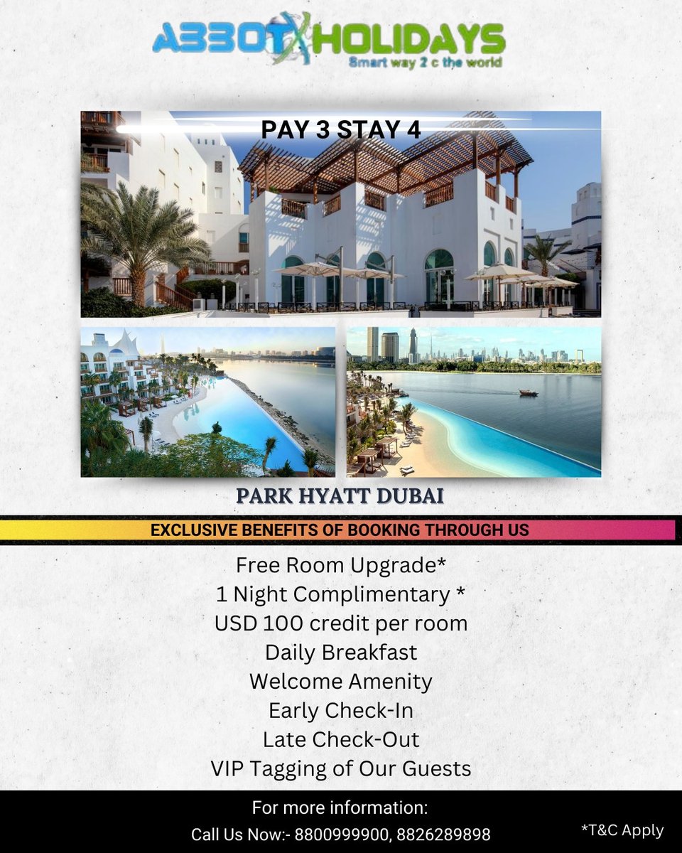 abbotholidays's tweet photo. "Unveiling the lap of luxury at Park Hyatt Dubai exclusively for AbbotHolidays! ✨ Indulge in unparalleled experiences with us

Valid for stays until November 01, 2023 to March 31, 2024. Subject to availability.

Exclusive Benefits when you book through us👇👇 https://t.co/PqY8uCRaVw