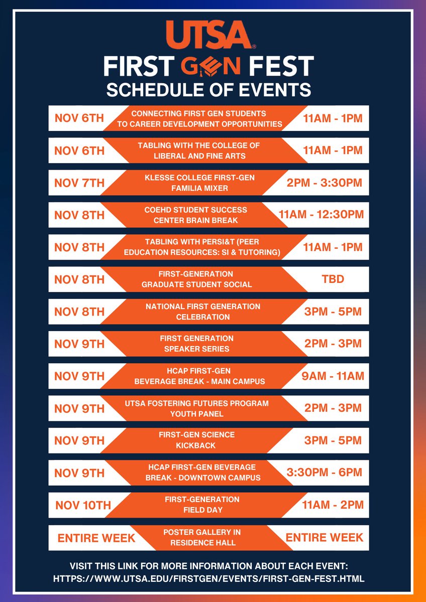UTSAOUR's tweet image. Happy First-Gen Week, Runners! Check-out all the events celebrating First-Gen students at First Gen Fest 2023! Get the schedule of events here: utsa.edu/FirstGen/Event… #CelebrateFirstGen #FirstGenUTSA #FirstGenOrgullo #FirstGenFest23 #FirstGenResearcher