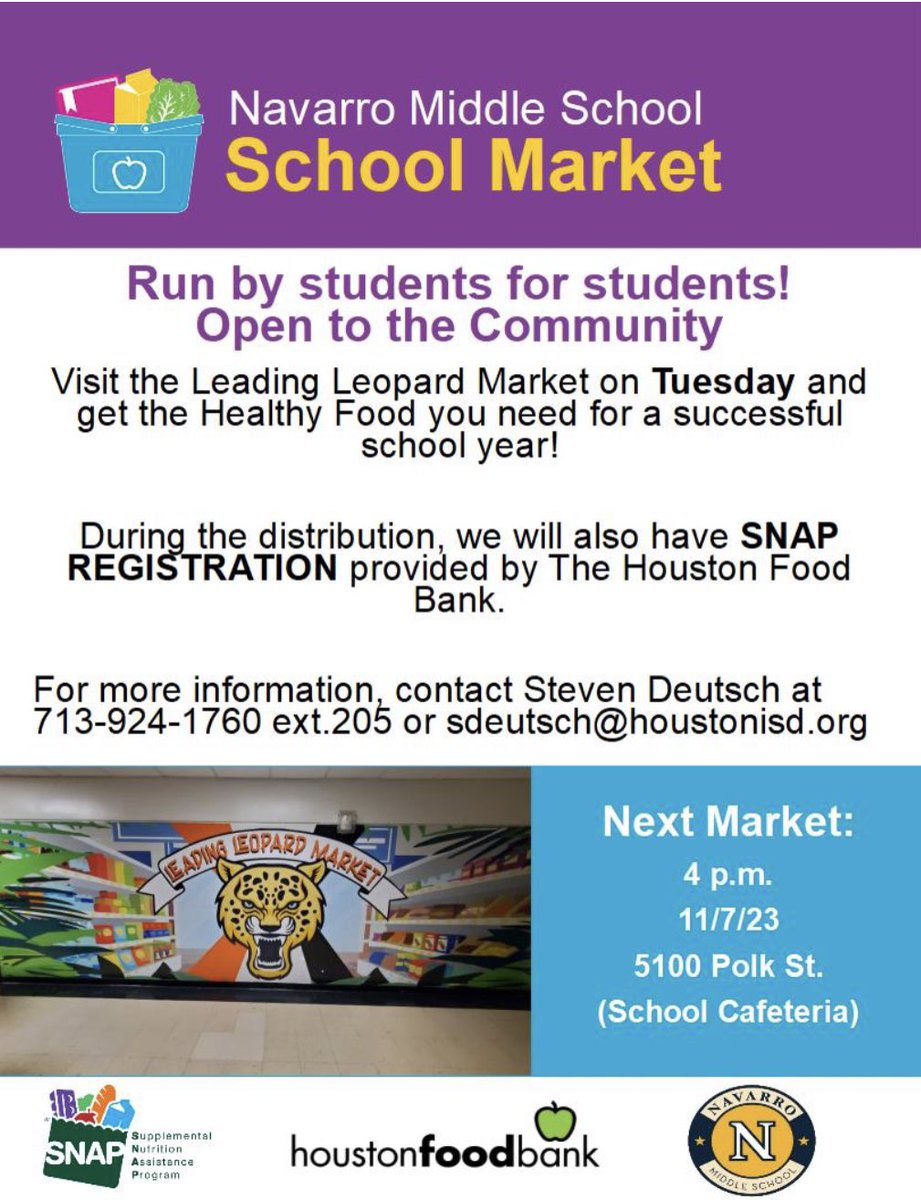 Steven Deutsch (@ust_dmce) on Twitter photo Come & visit <a href="/NavarroMS_HISD/">Navarro MS - HISD</a>’s Leading Leopard Market tomorrow at 4 pm. Besides food, the <a href="/HoustonFoodBank/">Houston Food Bank</a> will be offering registration for SNAP benefits. <a href="/LRBGrocery/">(Your Name Here) Food Store</a> will also be sharing info about their grocery store. <a href="/EastEndDistrict/">East End District</a> <a href="/eastwoodhouston/">Eastwood Civic Association</a> <a href="/GreaterEastwood/">Greater Eastwood HOU</a> Come & visit <a href="/NavarroMS_HISD/">Navarro MS - HISD</a>’s Leading Leopard Market tomorrow at 4 pm. Besides food, the <a href="/HoustonFoodBank/">Houston Food Bank</a> will be offering registration for SNAP benefits. <a href="/LRBGrocery/">(Your Name Here) Food Store</a> will also be sharing info about their grocery store. <a href="/EastEndDistrict/">East End District</a> <a href="/eastwoodhouston/">Eastwood Civic Association</a> <a href="/GreaterEastwood/">Greater Eastwood HOU</a>