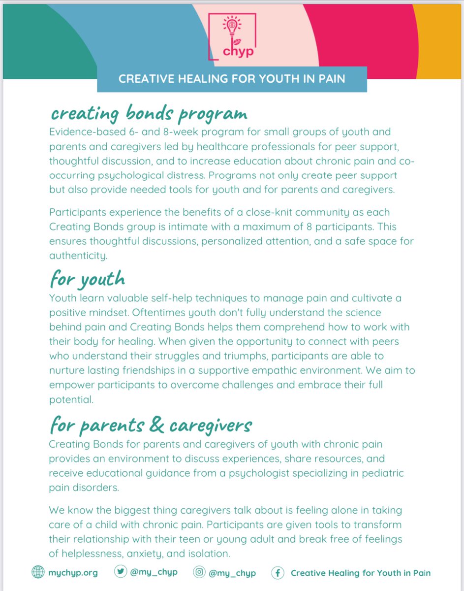 <a href="/my_chyp/">Creative Healing for Youth in Pain</a> is launching a 6-week Creating Bonds for Youth online program focusing on self-help skills building tomorrow! A great way for youth and parents to connect and gain valuable tools! ⭐️

📣📣Please share with anyone who may benefit!