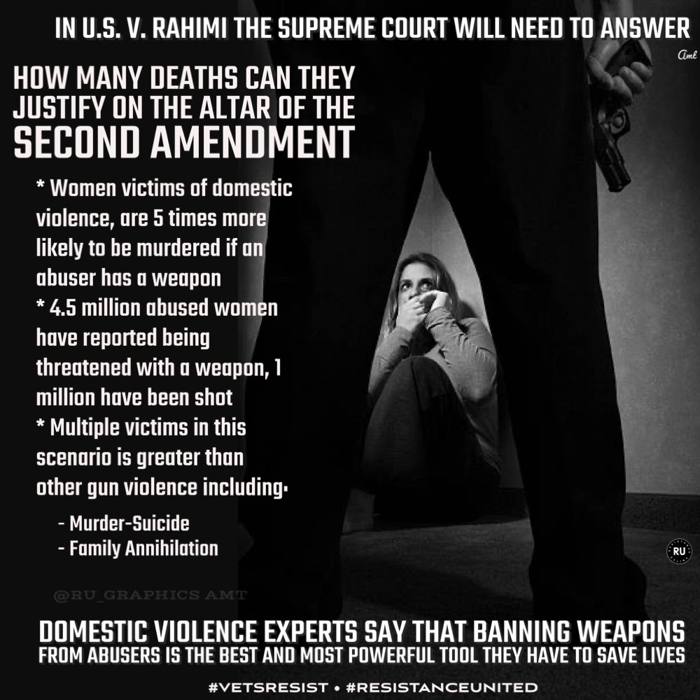🔹️A woman is 5 times more likely to be murdered if her abuser has access to a gun 🔹️4.5 million abused women were threatened with a gun 🔹️1 million abused women have been shot 🔹️Multiple victims is greater in this scenario ↪️Gun ban for domestic abusers #ResistanceUnited
