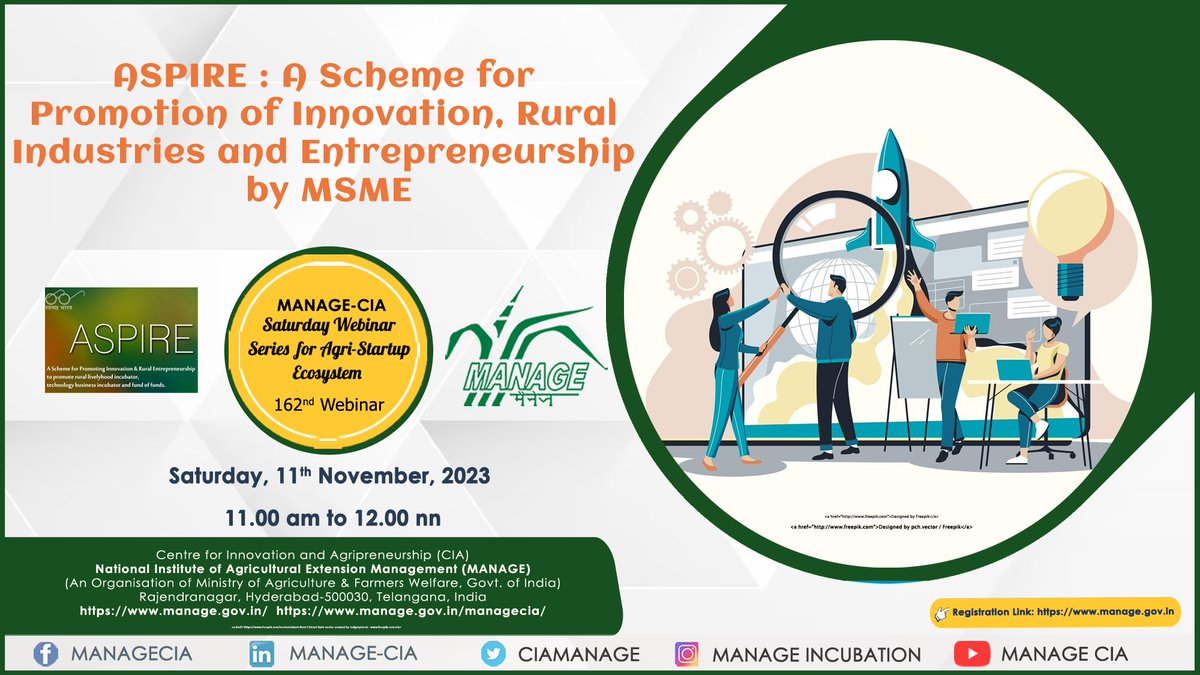 Join us for our 162nd #webinar! Discover the 'ASPIRE Scheme' - an initiative for rural #entrepreneurship and #innovation. Join us to learn more and connect with like-minded #Agripreneures on November 11, 2023, at 11 AM IST. Link to register manage.gov.in/trgModule/emai…