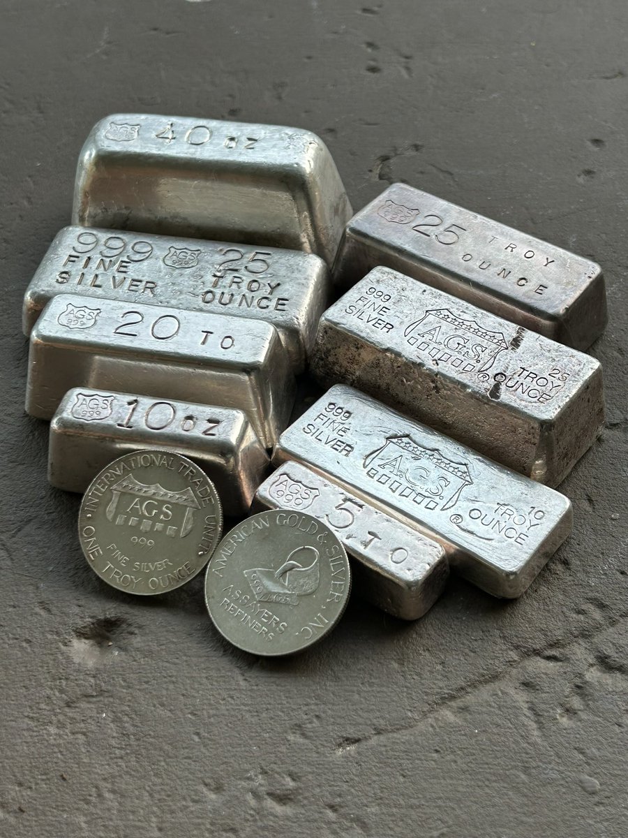 SilverKoz's tweet image. My absolute favorite type of silver to stack… vintage bars! Here’s a group of American Gold &amp;amp; Silver AGS I put together and still adding to