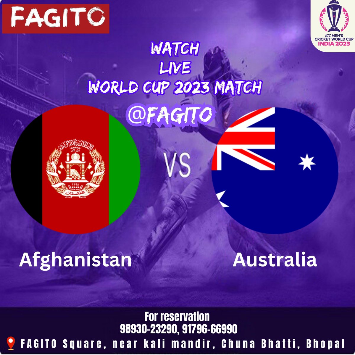 Fagito restaurant invites you to join us for an exciting World Cup 2023 Match between Afghanistan and Australia. We will be streaming the game live on November 7th, starting at 2:00 P.M. Come and enjoy delicious food and drinks with friends and family.

#afghanistanvsaustralia