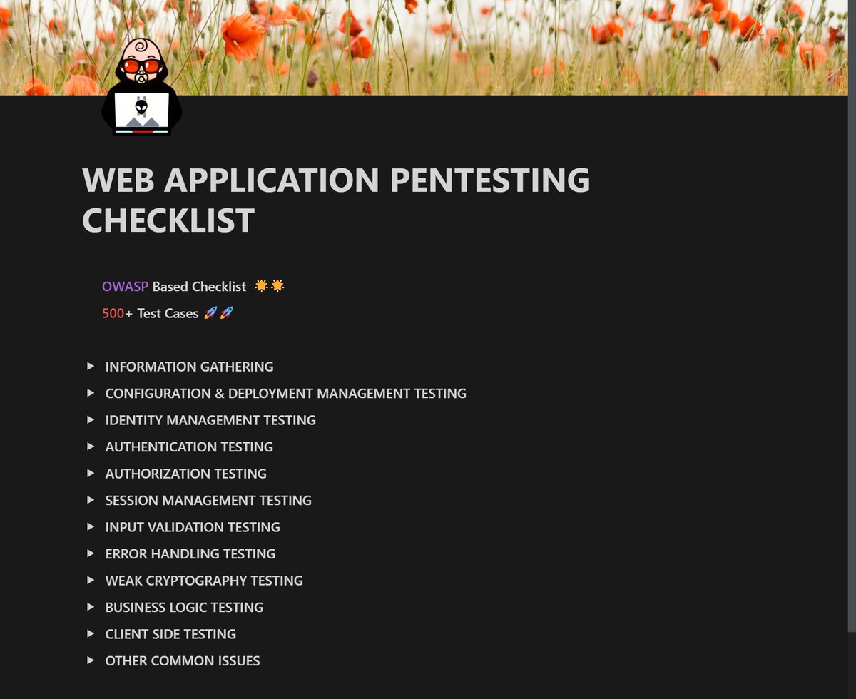 SuhradMakwana's tweet image. The powerful checklist I use while doing bug bounty or pentesting assessment 

It&apos;s @owasp based checklist and has 500+ Test Cases 

hariprasaanth.notion.site/hariprasaanth/…

#bugbountytip #bugbounty #Pentesting #infosecurity #cybersecurity #Security