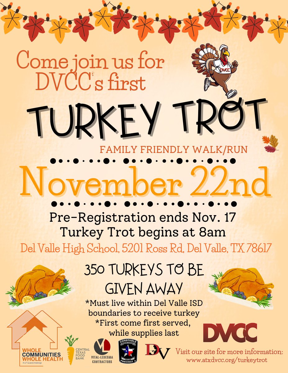 Get ready to lace up your running shoes and join us for our first annual 2 laps to 1-mile Wobble and Gobble Trot! Taking place the day before Thanksgiving, November 22, 2023, at Del Valle High School's Veteran Stadium. Run, walk, or wobble with us!🦃🦃