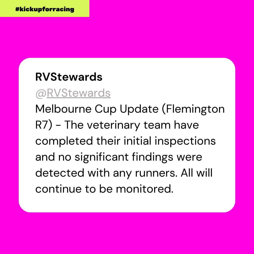 Following the running of the Melbourne Cup, <a href="/RVStewards/">RVStewards</a> have completed their initial veterinary inspections &amp; no significant findings were recorded. 

Since <a href="/RacingVictoria/">Racing Victoria</a> &amp; the VRC implemented the strict veterinary protocols for Cup runners 68/68 horses have come home safely 🏇
