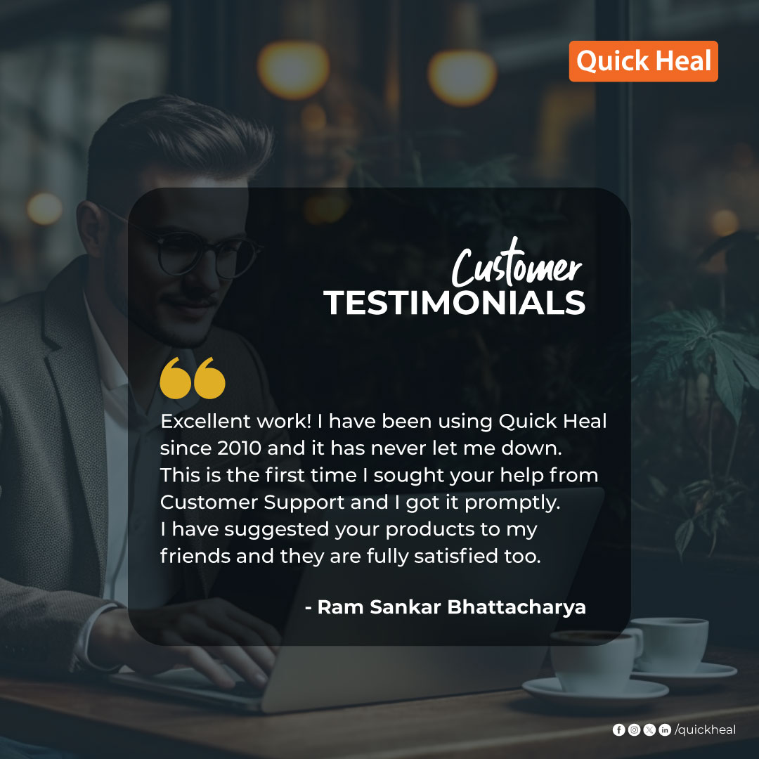 quickheal's tweet photo. Premium product + Great customer service = Happy Customers! Let's keep the feedback flowing.
Stay one step ahead of evolving online threats with Quick Heal.
#AlwaysAccessible to ensure you are #DigitallySafe
#QuickHeal #HappyCustomer #CustomerReview #DigitallyProtected https://t.co/XPwZDM2jGs