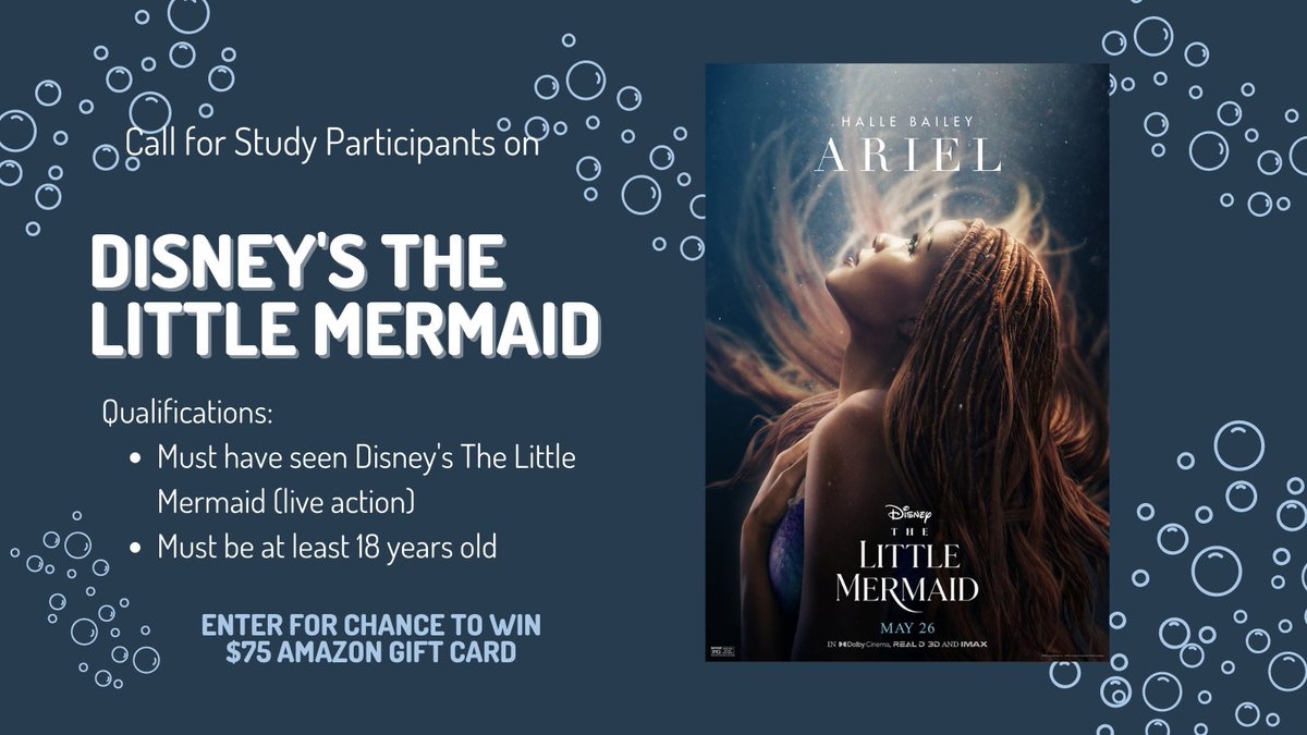 Did you see  the live action Little Mermaid? We’re looking for viewers to share their thoughts for academic research. Survey takes around 25 minutes and you can enter a drawing for a $75 Amazon gift card. Survey link: bit.ly/47iG16L