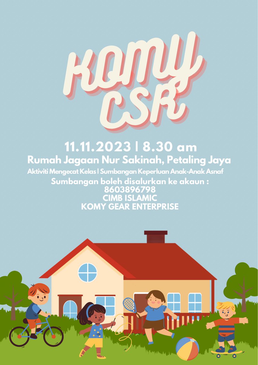 KOMY akan hantar team ke rumah jagaan sakinah untuk mengecat, membersih &amp; menceriakan kelas bagi anak asnaf. Kami memerlukan 10 orang sahaja yg berkelapangan utk hadir menyumbang tenaga. Bagi yg berminat utk membuat sebarang sumbangan, boleh menerusi bank tabung komy. Mohon rt