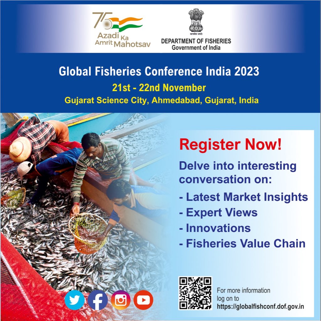 Global Fisheries Conference India 2023 to be held on November 21-22, 2023 at Gujarat Science City in #Ahmedabad, #Gujarat. Join for an exclusive exhibition n expert sessions on market insights n various aspects of fisheries' value chain. #GFCIndia2023 #FishForFuture #PMMSY #MSJA
