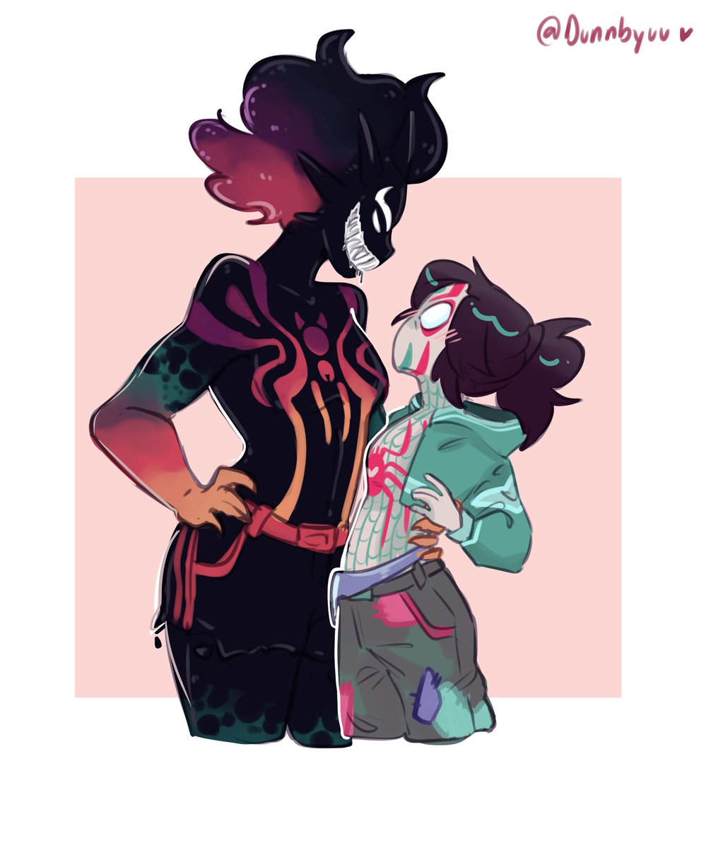 Holaa, hice estos pa un tistos🦔💖
Mi spidersona toda venomizada y su noviecita (spidersona de una amiga)

Felices por ahora pero luego les va a tocar sufrir😈

#SpiderVerse #ATSV #spidersona #oc #art #digitalart