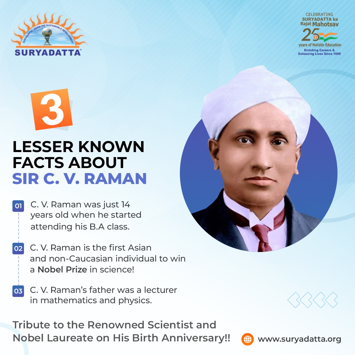On the birth anniversary of Sir C.V. Raman, here are 3 lesser-known facts about this great man! #SGI #HappyBirthdayCVRaman #CV_Raman #NobelPrizeWinner #IndianPhysicist #ScienceIcon #RamanEffect #CelebratingScience #PhysicsLegend #PrideOfIndia #ScientificInnovation