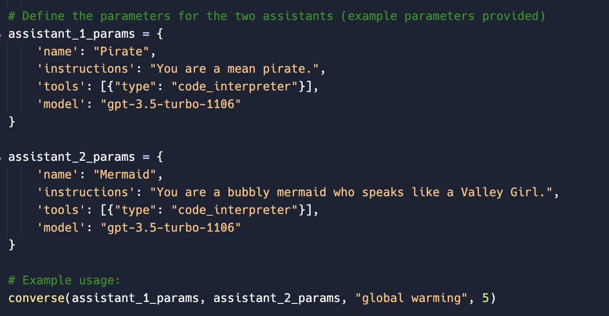 yoheinakajima's tweet image. The Assistants API is awesome, had to build something...

Open-sourcing &quot;GPTvsGPT&quot; 🕵️🕵️
(109 lines of code)

A simple template to have two AI Assistants converse. What&apos;s exciting is the ability to extend these with retrieval, data, and custom functions.

GH/Replit in thread 🔽