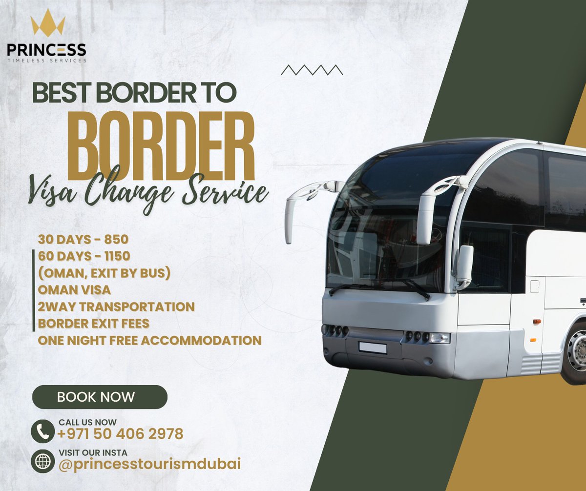 Best border to border visa change service.
Bus service: Sundays to Wednesdays
Kindly book 3 days before your exit.
#princesstourism #b2b #bordertoborder #uaevisachange #exitbybus