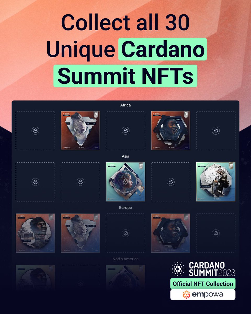 empowa_io's tweet image. The full collection for this year’s Official #CardanoSummit2023 NFT consists of 30 unique NFTs (5 Cardano Roadmap Phases x 6 Continents) 🌍🌎🌏

Holders of a full collection will be airdropped a rare World NFT (snapshot date will be shared soon). Holders of this World NFT will go…