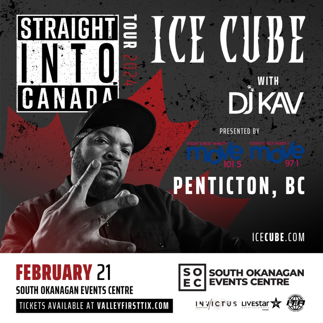 JUST ANNOUNCED: Hip hop icon @icecube is coming to the SOEC in Penticton on February 21, 2024, with special guest @thedjkav! 🧊🔥 Presented by @Move_971 and @Move1015Kelowna. 🎫 On sale this Friday, November 10 at 10:00 AM PT. Limit of 8 tickets per purchaser.