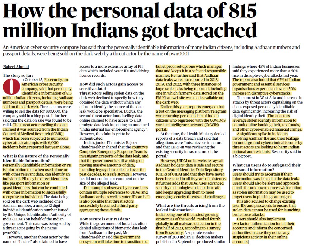 upscashram's tweet photo. #DarkWeb #privacy #Aadhaar #CyberSecurity #Darknet #cyber #DataSecurity #DigitalIndia #UPSCPrelims2024 #UPSC #securitybreach #theft #voters #misuseofai #technology #ICMR
Source-The Hindu https://t.co/NHRRe5YdbY