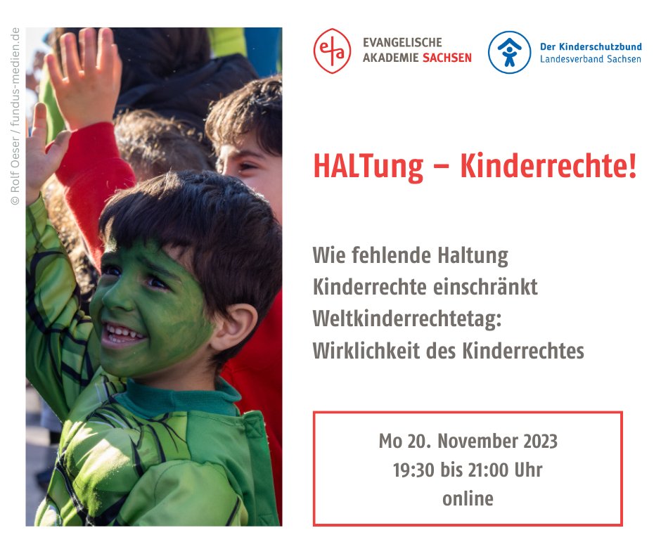 Evangelische Akademie Sachsen (@evakademiesax) on Twitter photo Anlässlich des #Weltkinderrechtetag.es diskutieren wir konkrete Folgen fehlender Haltung oder Missachtung bestehender #Kinderrechte u.a. mit
👉Holger Hofmann|Bundesgeschäftsführer <a href="/DKHW_de/">Deutsches Kinderhilfswerk</a>
👉Susann Rüthrich|Kinder- und Jugendbeauftragte <a href="/sms_sachsen/">Sozialministerium</a>
➡️ea-sachsen.de/veranstaltunge… Anlässlich des #Weltkinderrechtetag.es diskutieren wir konkrete Folgen fehlender Haltung oder Missachtung bestehender #Kinderrechte u.a. mit
👉Holger Hofmann|Bundesgeschäftsführer <a href="/DKHW_de/">Deutsches Kinderhilfswerk</a>
👉Susann Rüthrich|Kinder- und Jugendbeauftragte <a href="/sms_sachsen/">Sozialministerium</a>
➡️ea-sachsen.de/veranstaltunge…