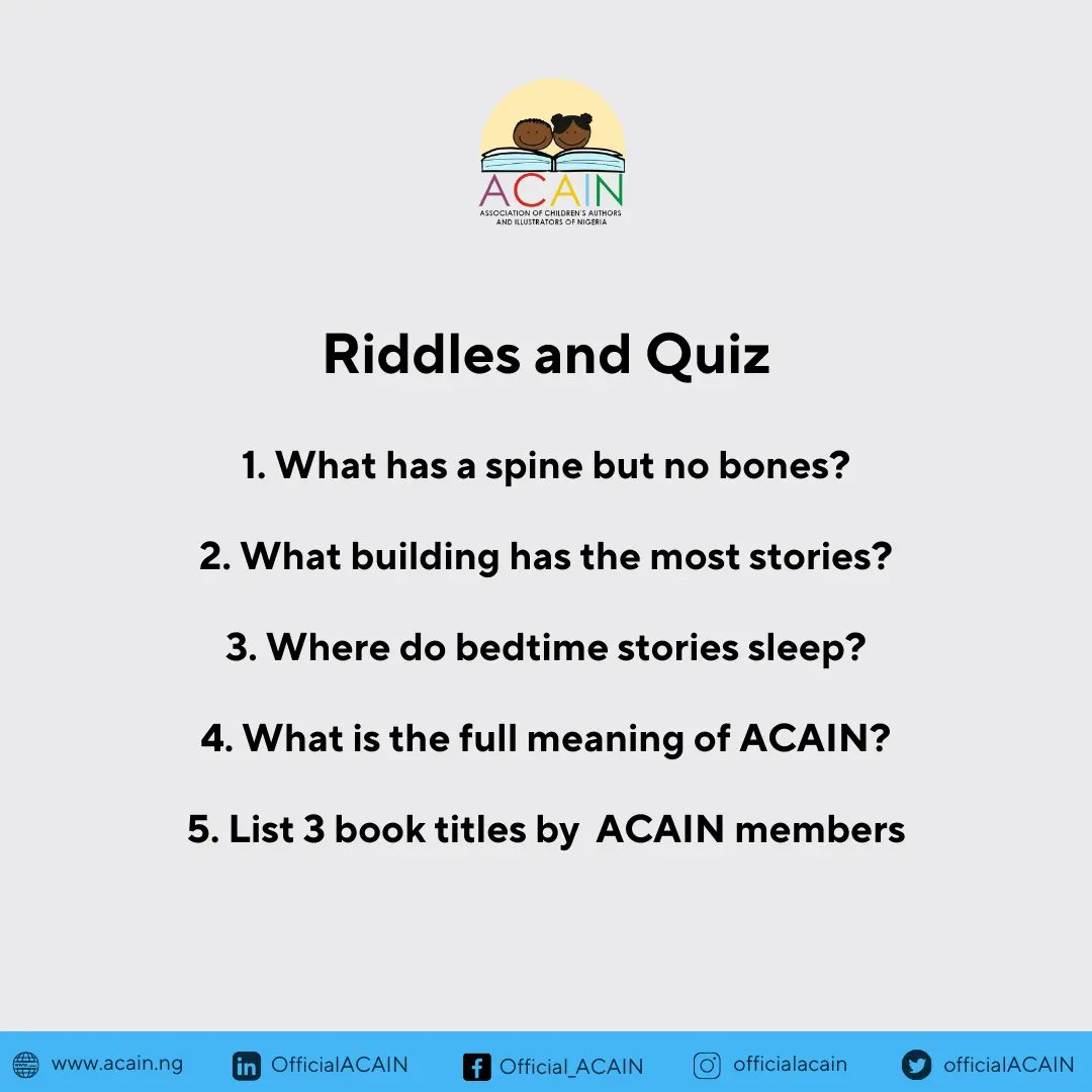 How many of these can you get right??

There's a prize for the winner!!

Let's see your answer in the comment section below 👇

⁣ #childrensbook⁣ #childrensbook⁣s
#nigerianchildrensbooks⁣
#nigerianchildrensbookillustrators
#bookclub #books #childrensbookclub