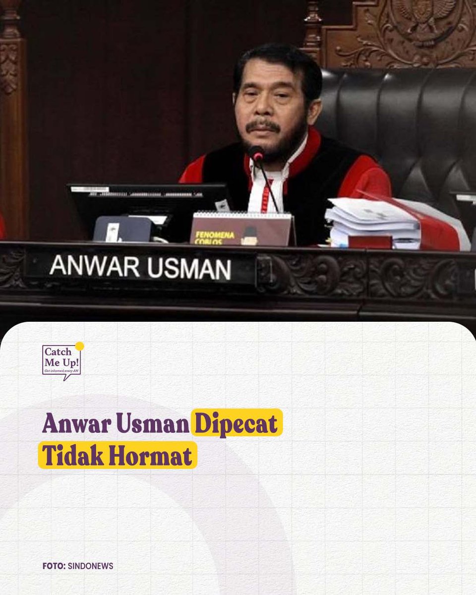 Putusan Majelis Kehormatan Mahkamah Konstitusi memutuskan, Anwar Usman terbukti melakukan PELANGGARAN BERAT terkait putusan yang meloloskan keponakannya Gibran Rakabuming Raka sebagai cawapres.