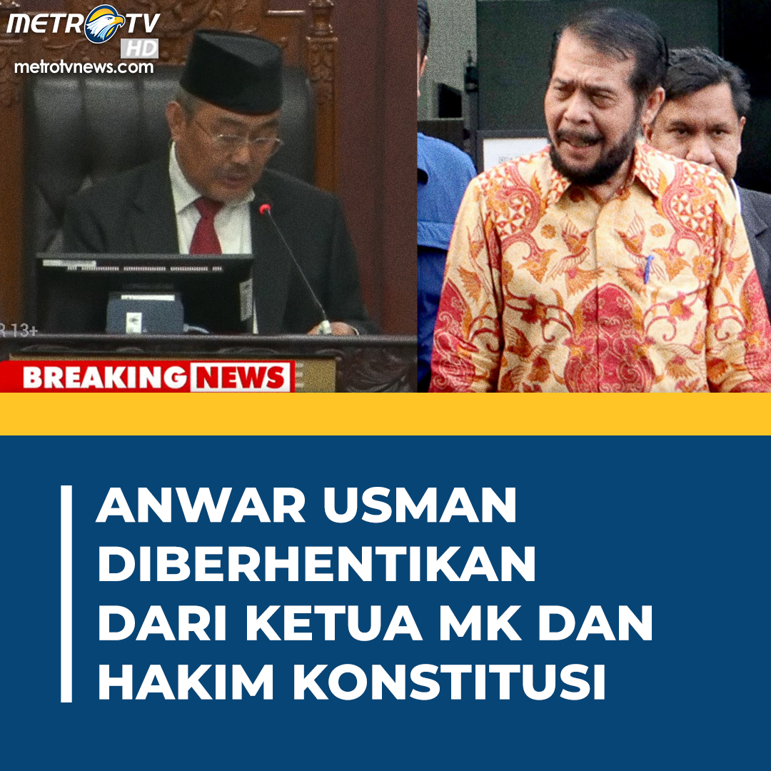 Metro_TV's tweet photo. Anwar Usman diberhentikan sebagai Ketua Mahkamah Konstitusi (MK) karena melakukan pelanggaran kode etik berat. Hal itu berdasarkan putusan Nomor 2/MKMK/L/11/2023 yang dibacakan Ketua Majelis Kehormatan Mahkamah Konstitusi (MKMK) Jimly Asshiddiqie.

Jimly mengatakan Anwar terbukti melakukan pelanggaran berat terhadap kode etik dan perilaku hakim konstitusi. Hal itu sudah tertuang dalam Sapta Karsa Hutama, prinsip ketidakberpihakan, prinsip integritas, prinsip kecakapan dan kesetaraan.

Jimly memerintahkan Wakil Ketua MK Saldi Isra untuk memimpin penyelenggaraan pemilihan pimpinan yang baru sesuai peraturan perundang-undangan dengan durasi yang diberikan adalah 2x24 jam.

Download #MetroTVXtend sekarang di Play store & App store.

#anwarusman #putusanmk #mahkamahkonstitusi #mkmk #majeliskehormatanmahkamahkonstitusi #breakingnewsmetrotv #anwarusmandiberhentikan