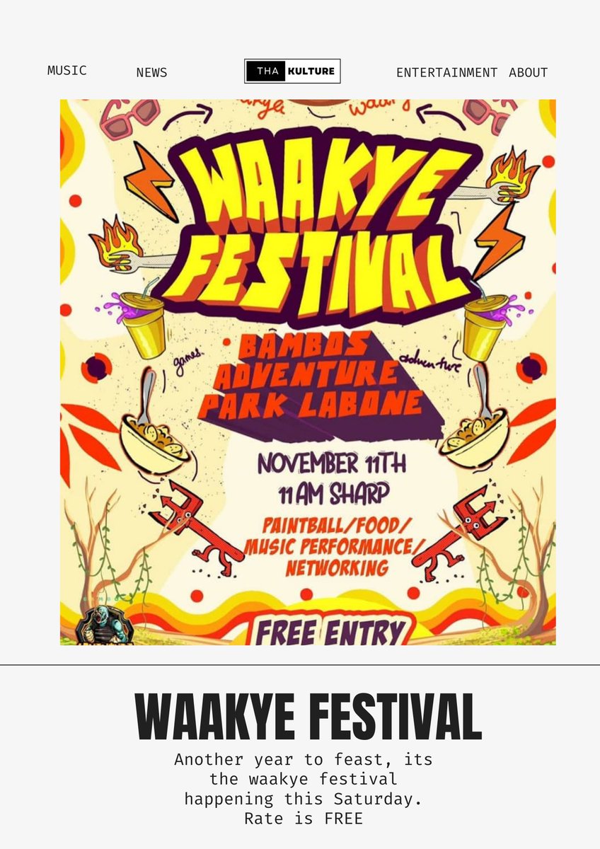 thakulture_'s tweet photo. @waakyefestival happening this Saturday at Bambos Adventure Park, Labone.

#festival #waakye #blog #blogoftheday #food #waakyefestival #thakulturefeed https://t.co/VKjT8JoRDc