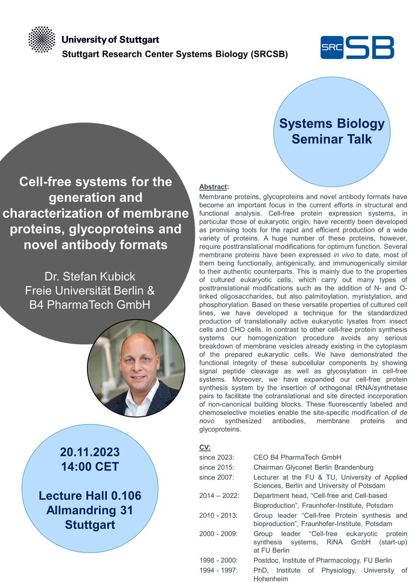 srcsb's tweet image. The  SRCSB is happy to announce the next speaker of the Systems Biology  Seminar Series: Dr. Stefan Kubick will talk about &quot;Cell-free systems for  the generation and characterization of membrane proteins, glycoproteins  and novel antibody formats&quot;