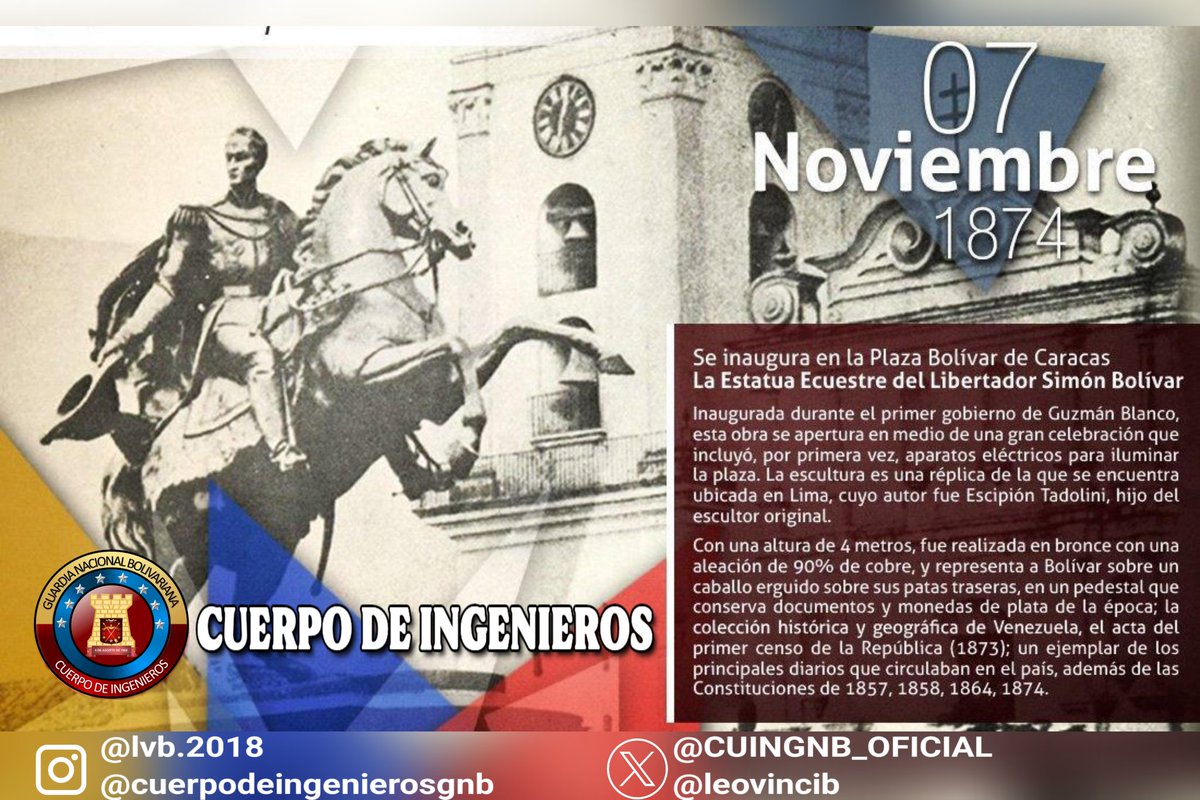 #7Nov de 1874, se inauguró en la Plaza Bolívar de Caracas, la estatua ecuestre del Libertador Simón Bolívar, honrando la gran trayectoria del Padre de la Patria. 
.<a href="/ElioEstrada18/">MG. Elio Estrada Paredes</a> 
.<a href="/GnbGaranteDePaz/">Guardia Nacional Bolivariana</a> 
.<a href="/leovincib/">leonardo vinci</a> 
.<a href="/Mippcivzla/">mippci</a>