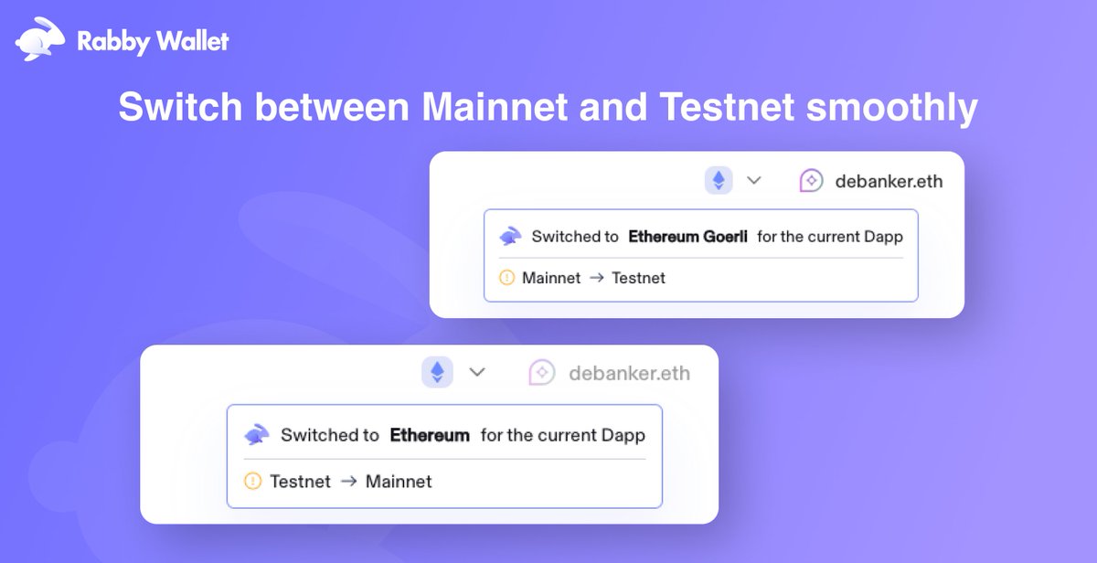 Rabby_io's tweet photo. Tired of switching between different Dapps on various chains? 🔄 

We've got you covered! Rabby automatically switches to the chain you're using on the website you open. Plus, we provide clear indicators when switching between testnet and mainnet to prevent costly mistakes.

🚀 Experience seamless multi-chain navigation with Rabby Wallet.