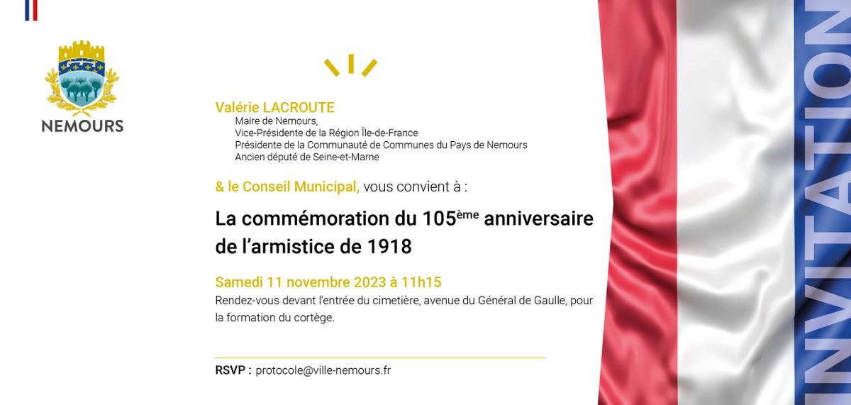 Ville de Nemours (@villedenemours) on Twitter photo Madame le Maire <a href="/VLacroute/">Valérie Lacroute</a> et l'ensemble du Conseil Municipal de la ville de Nemours vous donne rendez-vous ce samedi #11novembre à 11h15 à l'entrée du cimetière pour la #commémoration de l'armistice de la 1ère guerre mondiale. #devoirdemémoire #hommage Madame le Maire <a href="/VLacroute/">Valérie Lacroute</a> et l'ensemble du Conseil Municipal de la ville de Nemours vous donne rendez-vous ce samedi #11novembre à 11h15 à l'entrée du cimetière pour la #commémoration de l'armistice de la 1ère guerre mondiale. #devoirdemémoire #hommage