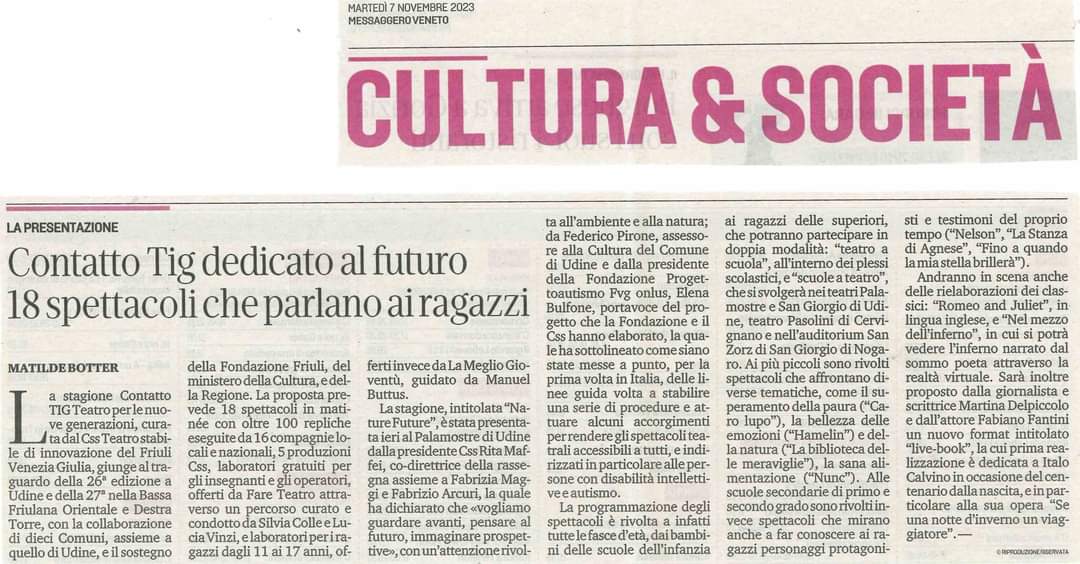 TeatroPasolini's tweet photo. #ContattoTIG Teatro per le nuove generazioni
#RitaMaffei presenta Stagione di incontri laboratori #spettacoli in matinée per le #scuole #Cervignano #TeatroPasolini e #Udine
CSS e @progettoautismo firmano primo protocollo d’intesa in Italia #accoglienza e #accessibilità in #teatro https://t.co/mw35Tx9Uuv