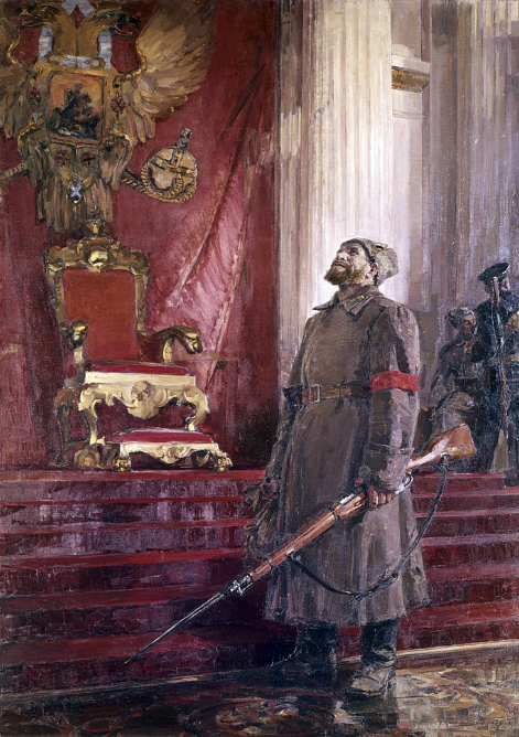 propagandopolis's tweet photo. 'It has come to pass' - Soviet painting (1960) showing a Bolshevik revolutionary next to the Tsar's throne in the Winter Palace. Artist: Sergei Lukin. https://t.co/1Rj0HrgaAK