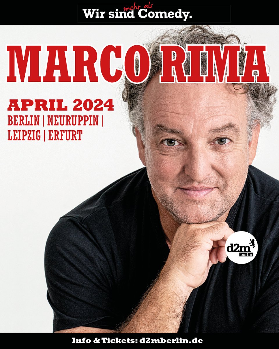 Marco Rima lässt tief in seine Seele blicken und bringt sein Publikum mit Geschichten aus dem Leben zum Lachen. Und wer sich vor Rührung auch mal eine Träne heimlich aus dem Gesicht wischen möchte – auch dafür wird er sorgen! im kommenden Jahr: d2mberlin.de/veranstaltung/… #comedy