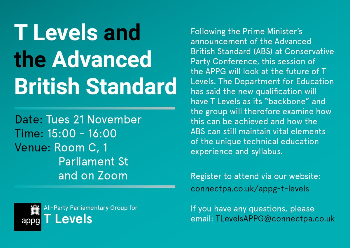 🚨NEXT APPG T LEVELS MEETING🚨

The APPG for #TLevels will hold its next meeting on Tuesday 21st November to understand the implications of the Advanced British Standard, chaired by <a href="/Christian4BuryS/">Christian Wakeford MP</a>   
Join us by signing up on our website: connectpa.co.uk/appg-t-levels/…