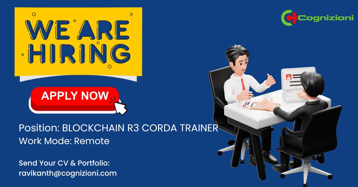 Hi Everyone,

Cognizioni is #hiring
Position: BLOCKCHAIN R3 CORDA TRAINER
Workmode: Remote
Send your profiles to: ravikanth@cognizioni.com

#hiring #hiringnow #hiringalert #blockchain #blockchain #r3 #corda #trainer #hyderabadjobs #remotework #remotejobs #parttime #parttimejobs